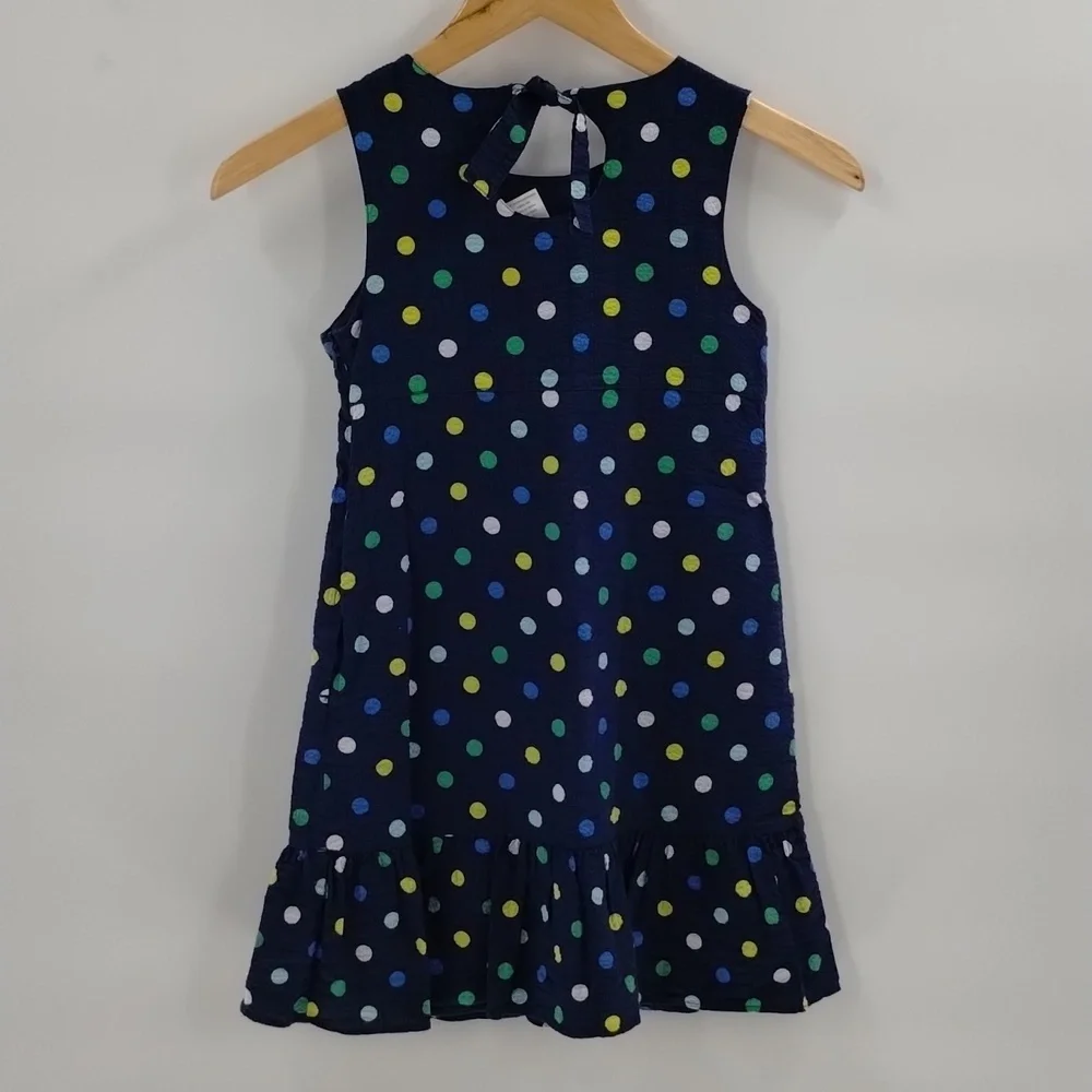 Gymboree cotton dress size 7 navy with polka dots and pockets tie back ruffle